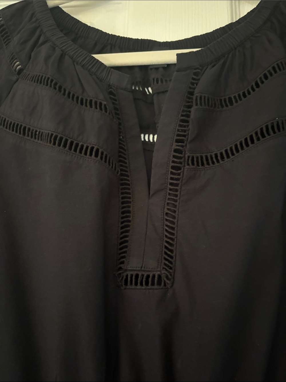 Ann Taylor Black Tiered Midi Dress with Puff Sleeves and Eyelet Detail - Picture 5 of 9